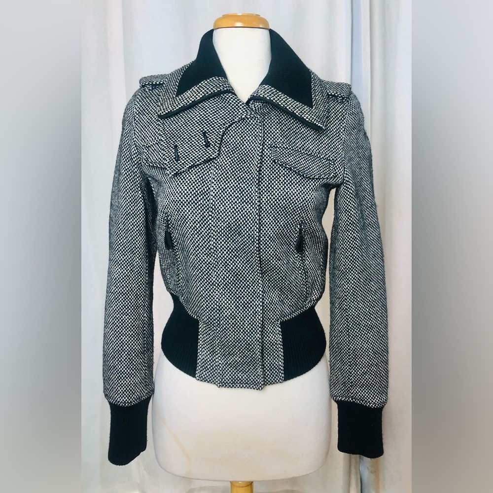 Taifun Black White Checkered Tweed Wool Blend Bomber Jacket  Sz 4/34 Gerry Weber